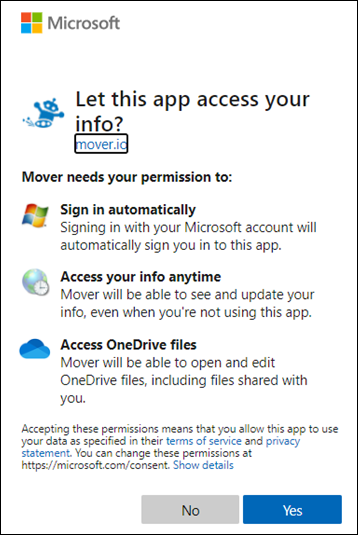 Kuva Moverista, joka pyytää lupaa kirjautua sisään ja muokata tiedostoja.