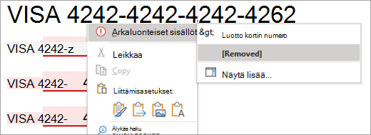 Näyttökuva korostetuista luottamuksellisista Word