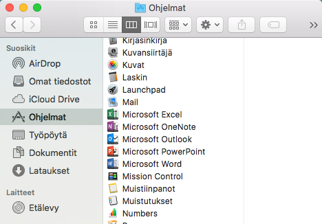 Avaa Finder > Sovellukset > Hae ”Microsoft”