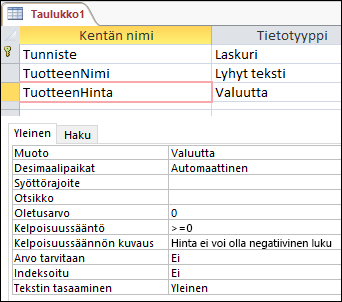 Access-taulukon suunnittelussa näkyvä kentän kelpoisuussääntö