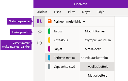 OneNote for Windows 10:n siirtymispalkki