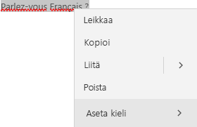 Valittu ranskankielinen teksti, jossa näkyy pikavalikko kielen määrittämisestä.