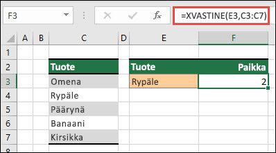 Esimerkki XVASTINE-funktion käyttämisestä kohteen sijainnin löytämiseksi luettelosta