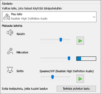 Äänilaitteen mukautetut asetukset (kaiutin, mikrofoni, puhelimen kello)