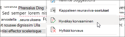 Hyväksy tai hylkää muutos napsauttamalla hiiren kakkospainikkeella.