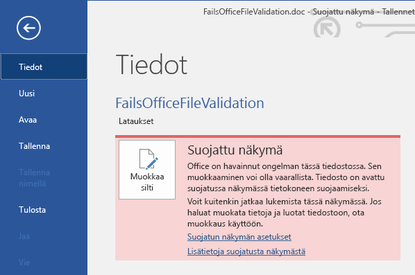 Suojattu näkymä Office-tiedoston tarkistusvirheestä Backstage-näkymässä