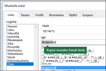 Esimerkki Muotoile > Solut > Luku > Oma -valintaikkunan käytöstä, jotta Excel luo muotoilumerkkijonot puolestasi