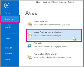 Outlookin datatiedoston avaaminen