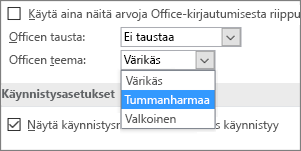 Office-teeman avattava valikko, Värikäs-, Tummanharmaa- ja Valkoinen-teema-asetukset