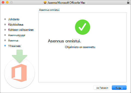 Näyttää asennusprosessin viimeisen sivun, joka kertoo asennuksen onnistuneen.