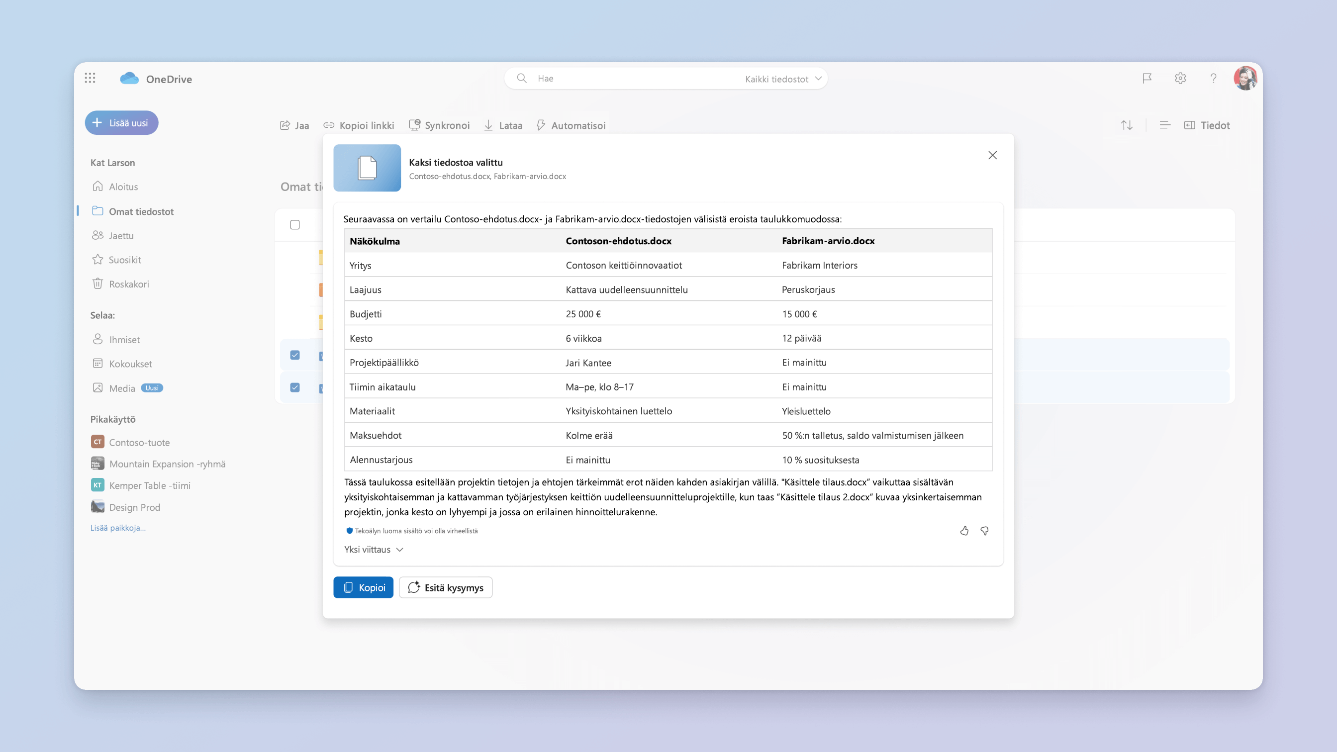 näyttökuva OneDriven Copilotin vertaile tiedostoja -skenaariosta
