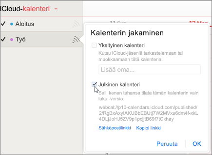 Julkisen kalenterin asetukset iCloudissa