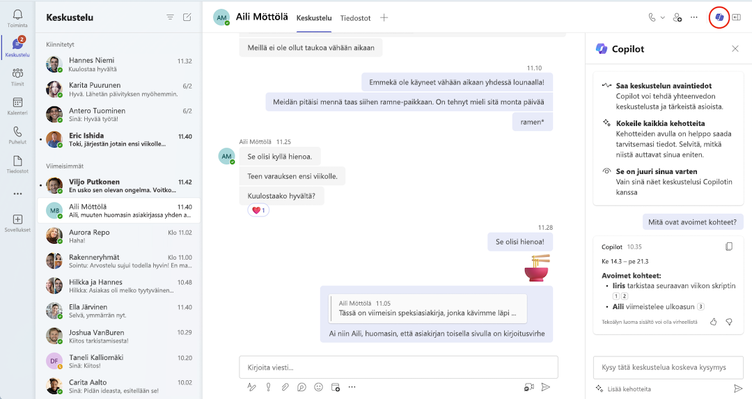Copilotin näkymä Teams-keskustelussa