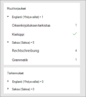 Korjaukset ja hienosäädöt näkyvät kielen mukaan Tekstin korjaustoiminnot -ruudussa.