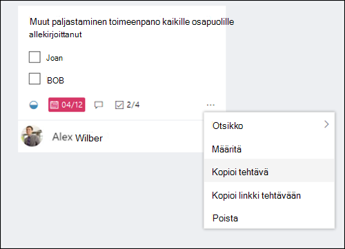 Näyttökuva: Näyttää LISÄÄ-valikon, joka avataan Planner-taulun tehtävästä.