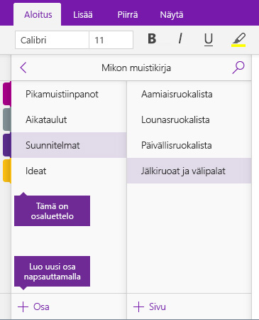Näyttökuva Lisää osa -painikkeesta OneNotessa