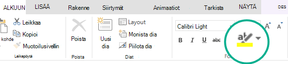 Tekstin korostuskynä-painike on PowerPoint Onlinen valintanauhan Aloitus-välilehdessä