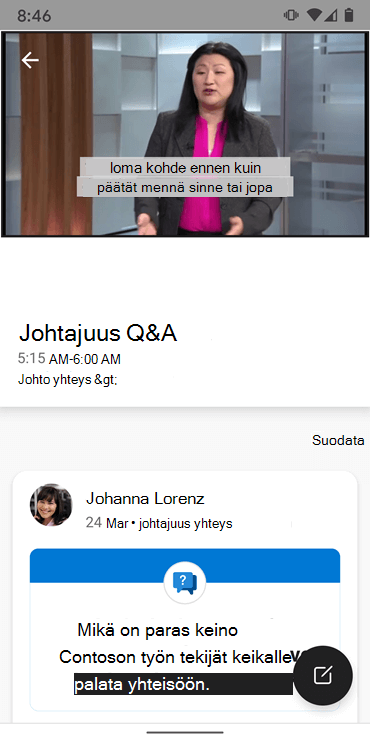 Näyttökuva, jossa näkyy kysymys- ja vastausistunto, jossa on johtajia Yammer Android -sovelluksessa