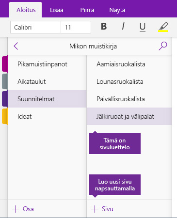 Näyttökuva Lisää sivu -painikkeesta OneNotessa