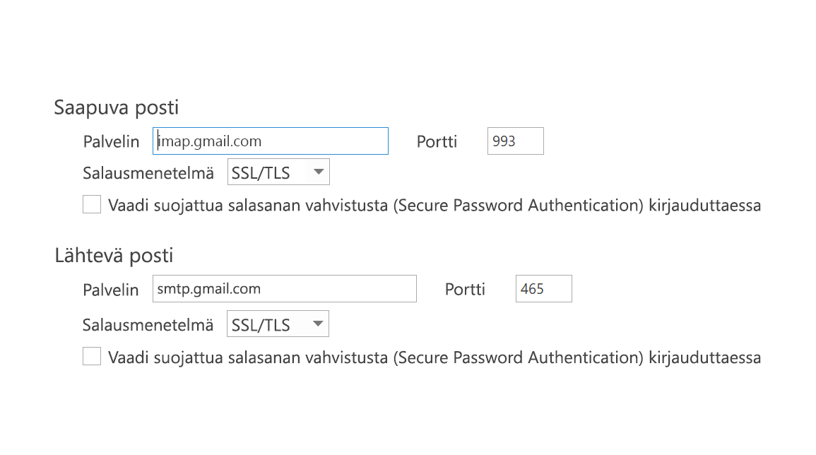 IMAP-asetukset, SPA:ta ei valittu