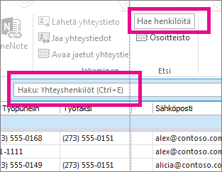 Hae henkilöitä -ruutu verrattuna Hae yhteystietoja -ruutuun