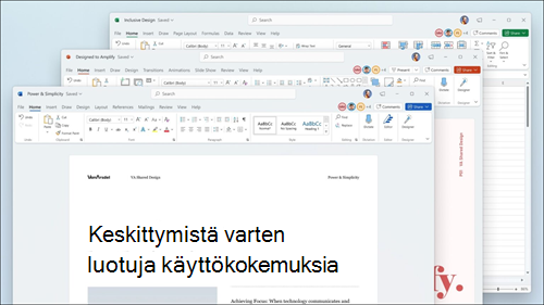 Näytetään Word, Excel ja PowerPoint, joissa on valintanauhan visuaalisia päivityksiä ja pyöristetyt, Windows 11 -käyttöliittymää vastaavat kulmat.