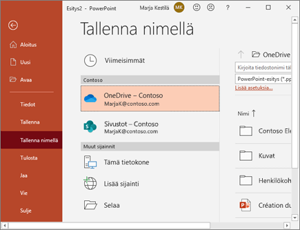 PowerPointin tallentaminen OneDriveen