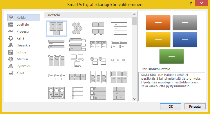 SmartArt-kuvan valitseminen -valintaikkunan vaihtoehdot