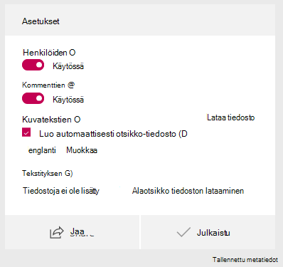 Valitse asetukset-ikkunassa muodostetaan kuvateksti-tiedosto