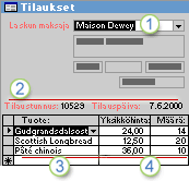 Tilaukset-lomake, joka näyttää liittyviä tietoja viidestä taulukosta samalla kertaa