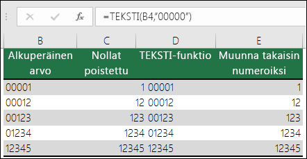 Esimerkkejä TEKSTI-funktion käyttämisestä etunollien muotoilemiseen.  =TEKSTI(A2;"00000")