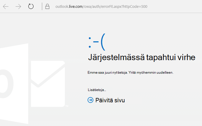 Outlook.comin Jokin meni vikaan -virhekoodi 500