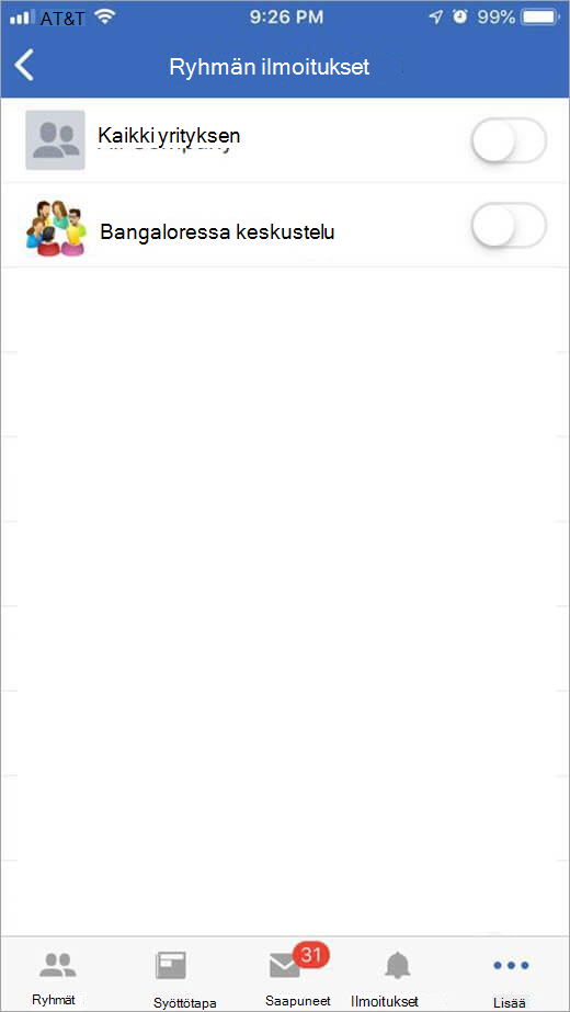 iOS Yammer -sivu, jossa voit valita ryhmät, jotka saavat ilmoituksia kohteesta