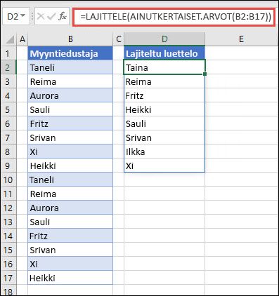 AINUTKERTAISET.ARVOT- ja LAJITTELE-funktioiden käyttäminen nimiluettelon palauttamiseen nousevassa järjestyksessä