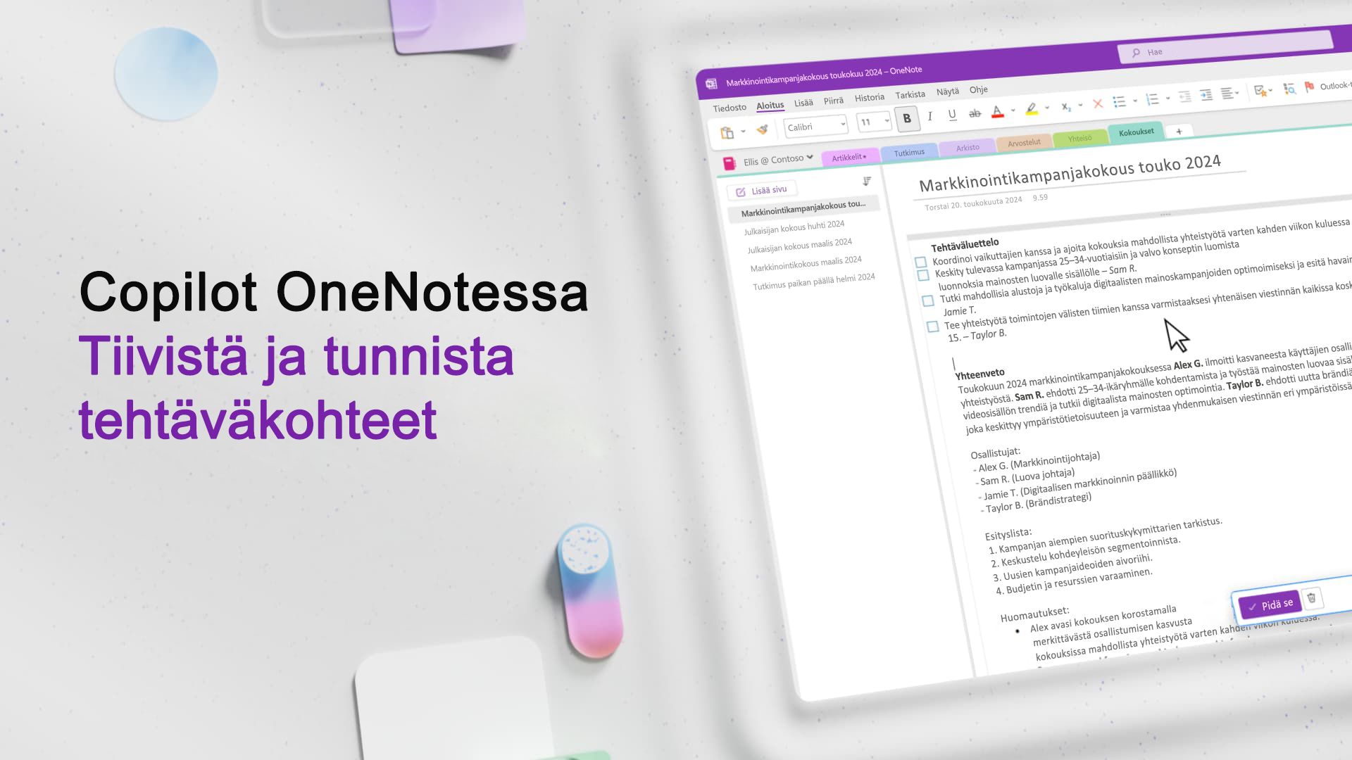 Video: Yhteenveto ja tehtäväkohteiden tunnistaminen Copilotilla OneNotessa