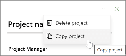 Näyttö kuva, jossa valitaan kolme pistettä ja sitten projektin tiedot-ruudussa Kopioi projekti.