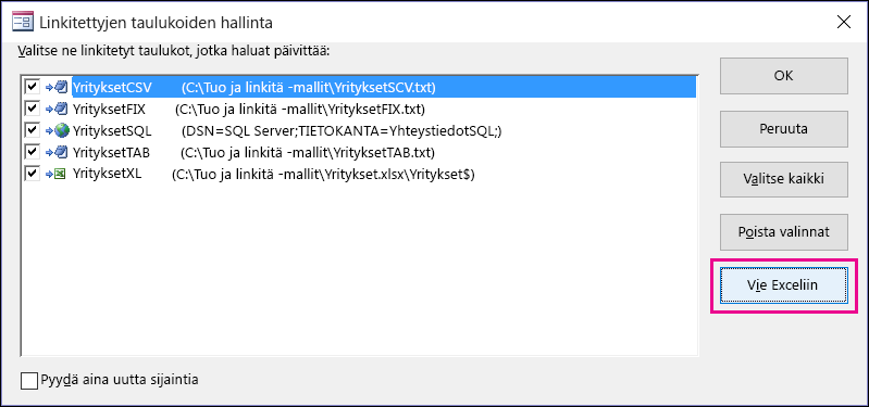 Accessin Linkitettyjen taulukoiden hallinta -valintaikkuna, jossa Vie Exceliin -painike valittu.