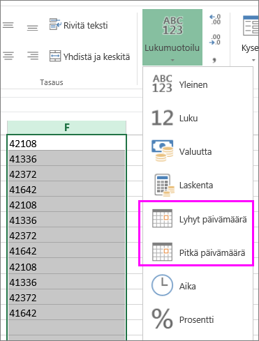 Päivämääräsarake tekstimuodossa