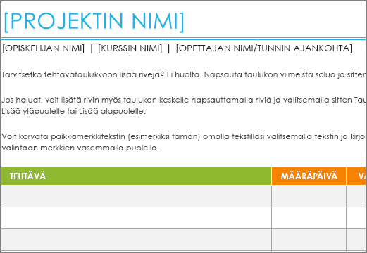 Vanha projektitehtäväluettelon malli, jossa käytetään 8,5 pisteen minimifonttia.