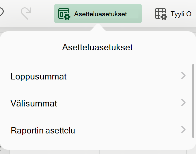 Pivot-taulukon asettelun avattava valikko iPadissa.