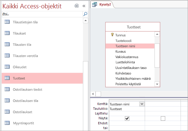 Näyttökuva Kaikki Access-objektit -näkymästä