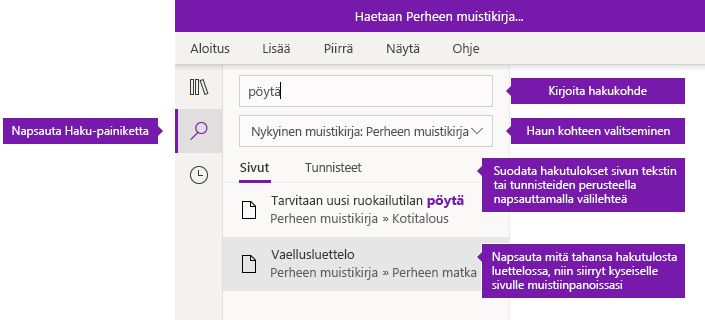 OneNote for Windows 10:n hakuruudun asetukset