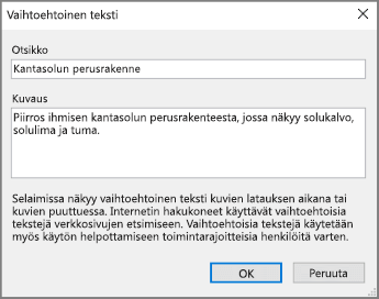 Näyttökuva  OneNoten Vaihtoehtoinen teksti -valintaikkunasta, joka sisältää esimerkkitekstiä Otsikko- ja Kuvaus-kentissä.