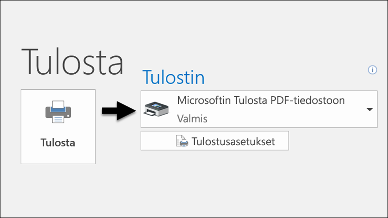 Tulosta sähköposti PDF-tiedostoon Tulosta-komennolla.