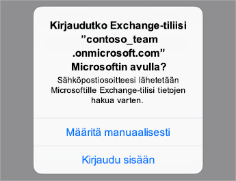 Valitse Kirjaudu sisään, jos käytät Office 365:tä, tai valitse Määritä manuaalisesti, jos organisaatiosi palvelinasetukset ovat käytettävissäsi.