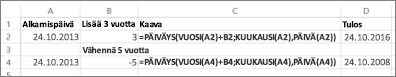 Päivämäärien lisäys- ja vähennysesimerkkejä