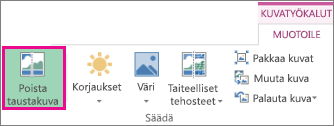 Kuvatyökalut - Muotoile -välilehden Säädä-ryhmässä oleva Poista tausta -painike