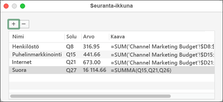 Excel 2021 for Macin seurantaikkuna, jossa näkyy nimi, solu, arvo ja kaava