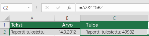 Esimerkki tekstin yhdistämisestä ilman TEKSTI-funktiota