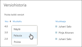 Valitse valitun tiedostoversion avattavassa valikossa Palauta